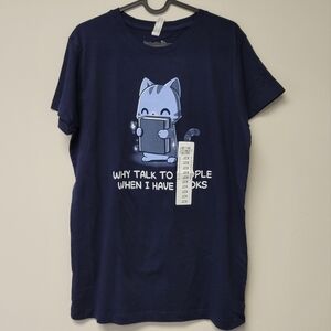 Teeturtle cat Why talk to people when I have books graphic t-shirt Blue 2XL